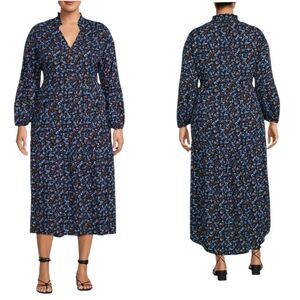 Terra Sky Women's Plus Size Peasant Dress 2X Blue Floral Long Sleeve Pocket Fall